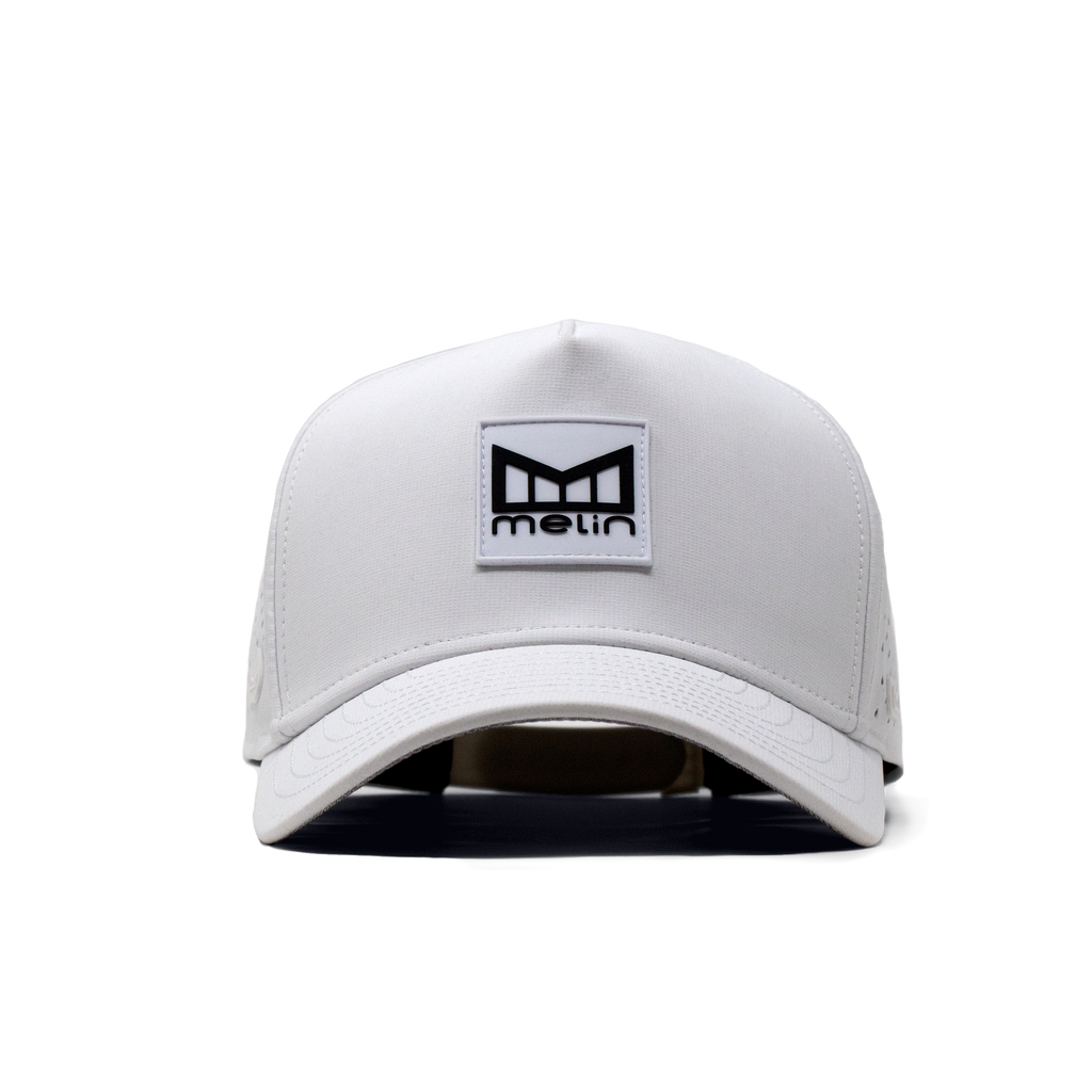 The angled view of the Melin Split Fit Odyssey Stacked Hydro hat in white Big Image - 2